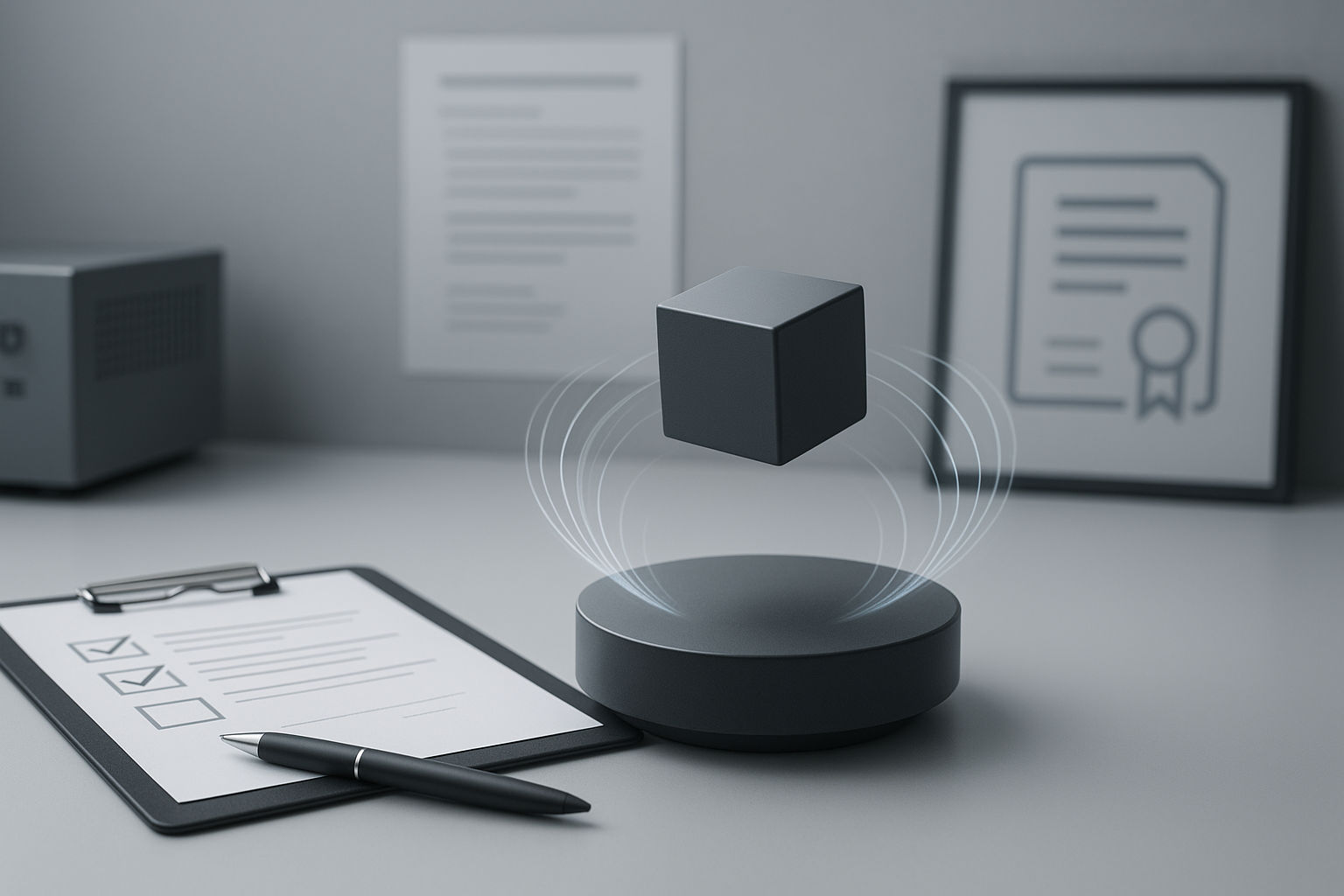 磁気浮上メーカーの選択専門知識と特許に何を求めるべきかーカーの評価チェックリスト Cover image: magnetic levitation manufacturer evaluation checklist on a modern engineering desk